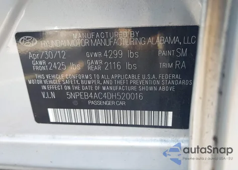 2013 Hyundai Sonata Gls z USA, uszkodzony, nr VIN 5NPEB4AC4DH520016
